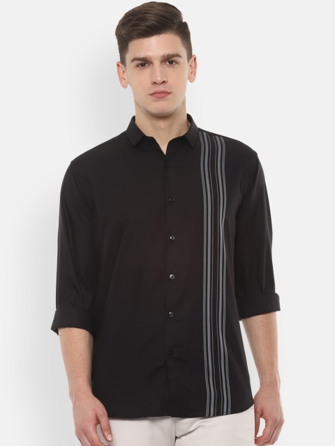 

V Dot Men Black Slim Fit Striped Casual Shirt