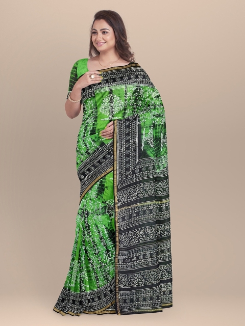 

BharatSthali Green Silk Cotton Printed Chanderi Sustainable Saree