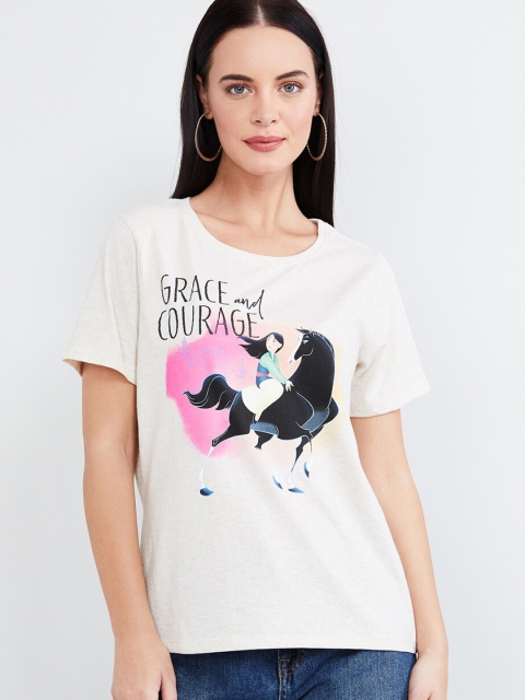 max Women Grey Printed Round Neck T-shirt