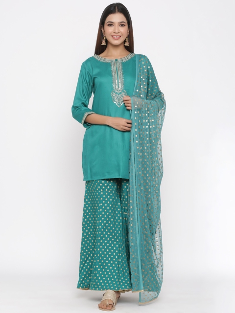 

Juniper Women Green & Gold-Toned Solid Kurti with Sharara & Dupatta