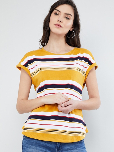 

max Women Yellow Striped Round Neck T-shirt