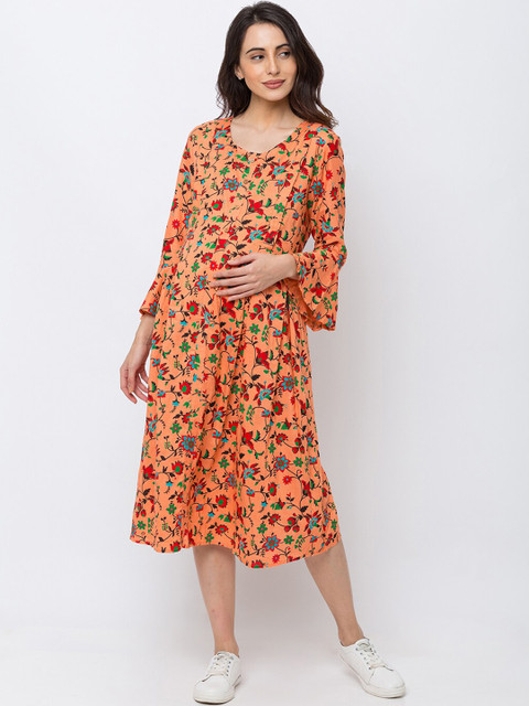 

MomToBe Women Orange Floral Printed Maternity Fit and Flare Dress