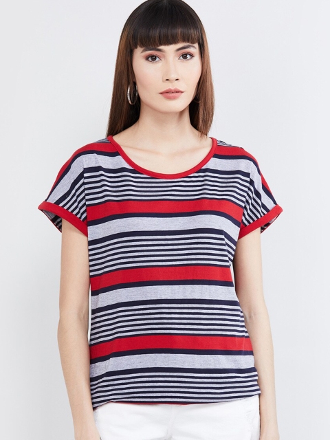 max Women Red & Blue Striped Round Neck T-shirt