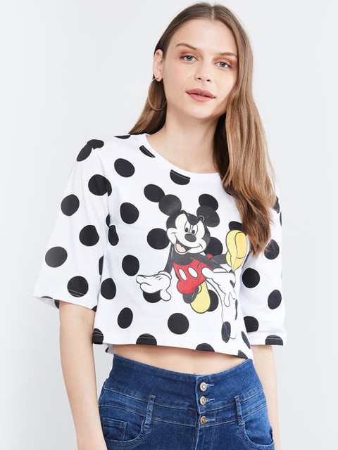 

max Women White & Black Mickey Mouse Printed Round Neck T-shirt