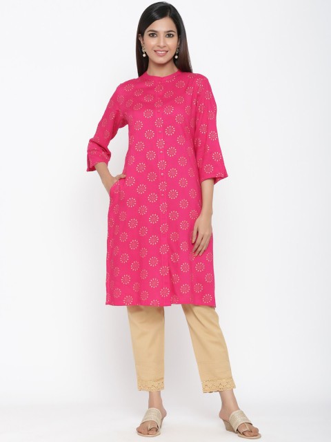 

Juniper Women Fuchsia Pink & Gold-Toned Woven Design Straight Kurta