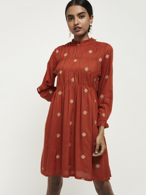 

max Women Orange Gold-Coloured Printed A-Line Dress