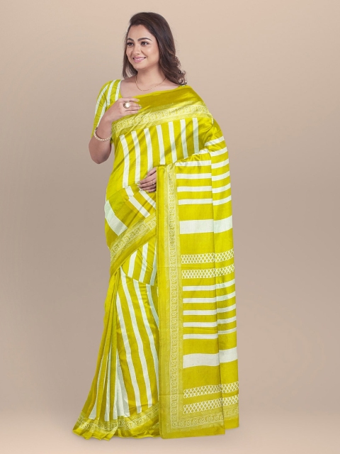 

BharatSthali Green & White Pure Cotton Striped Sustainable Saree