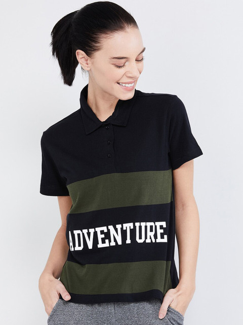 

max Women Black & Olive Green Colourblocked Polo Collar T-shirt