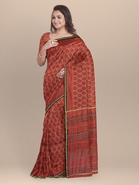 

BharatSthali Rust & Black Silk Cotton Printed Chanderi Sustainable Saree