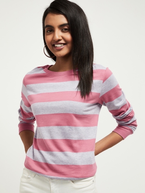 

max Women Pink & Grey Striped Round Neck T-shirt