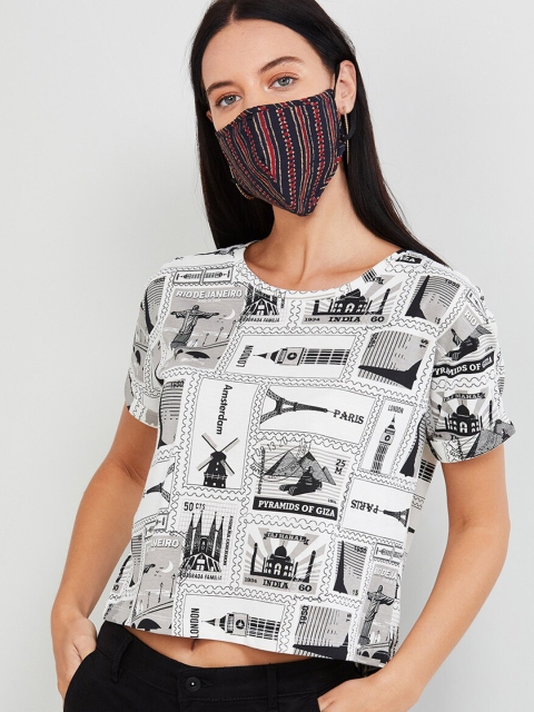 

max Women White & Black Printed Round Neck T-shirt