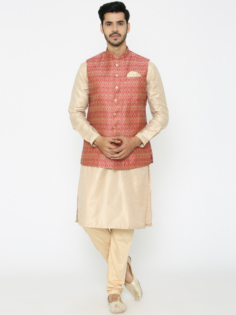 

Manyavar Men Pink & Beige Solid Kurta with Pyjamas & Nehru Jacket