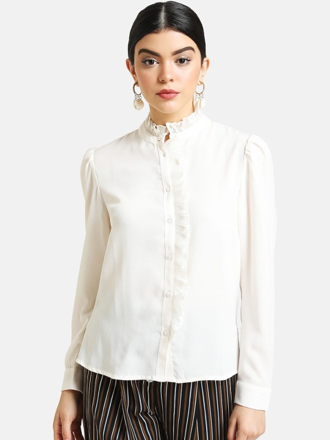 

Kazo Women Off-White Regular Fit Solid Casual Shirt with Ruffle Detail