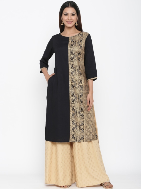 

Juniper Women Black & Gold-Coloured Printed A-Line Kurta