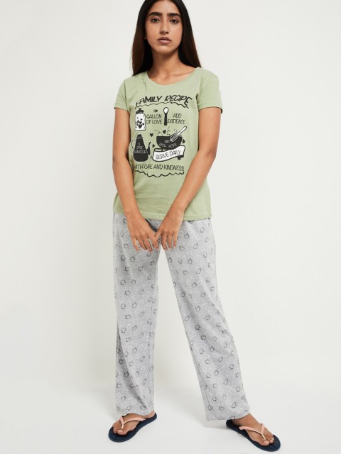 max Women Olive Green & Grey Printed Night suit