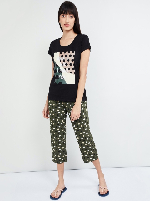 max Women Black & Green Printed Night suit