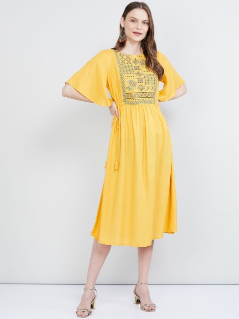 

max Women Yellow Embroidered Fit and Flare Ethnic Dress