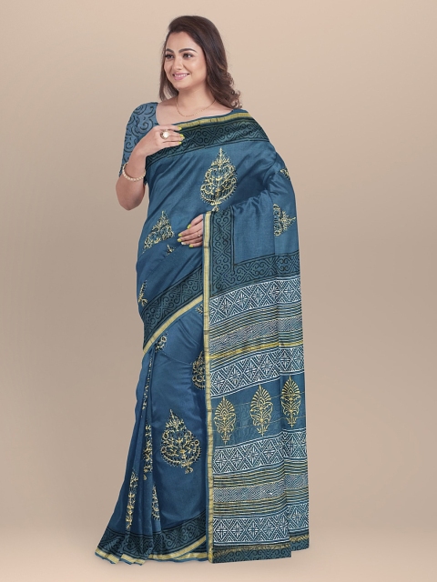 

BharatSthali BharatSthali Pink Solid Silk Cotton Chanderi Saree, Blue
