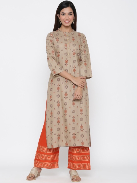 

Jaipur Kurti Women Khaki & Orange Printed Kurta with Palazzos