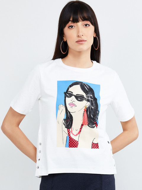 

max Women Off-White Printed Round Neck T-shirt