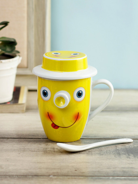 

WISHTANK Yellow & White Happy Smiley Print Mug With Lid & Spoon