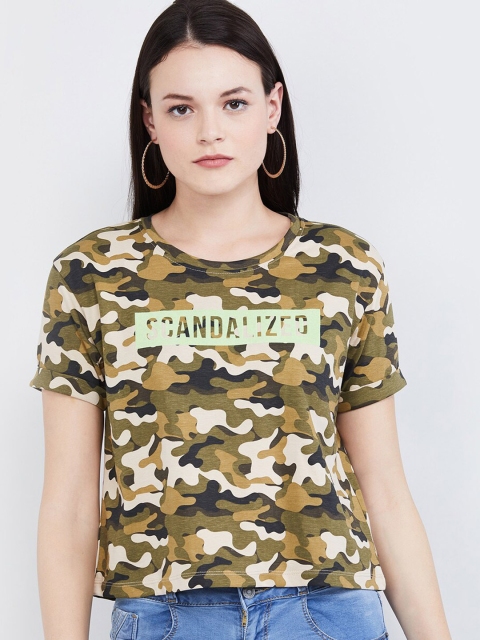 

max Women Olive Green Printed Round Neck T-shirt