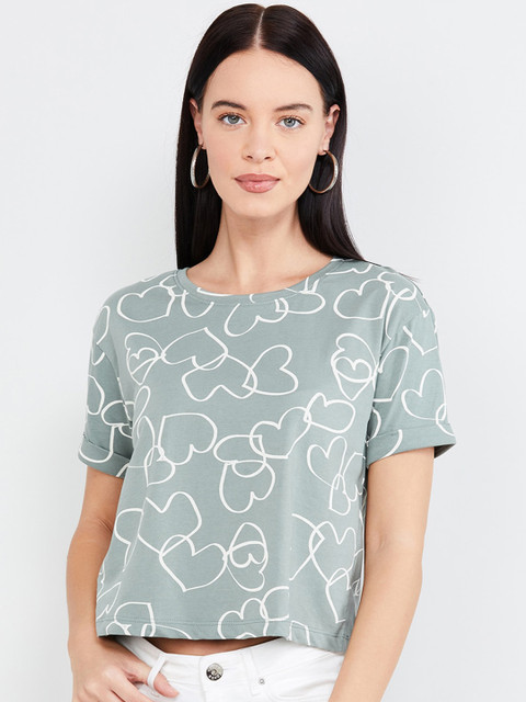 

max Women Green Printed Round Neck T-shirt