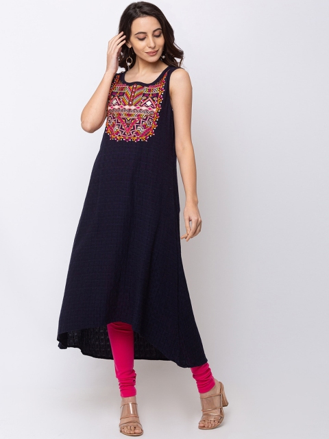 

Ethnicity Women Navy Blue Yoke Design A-Line Kurta