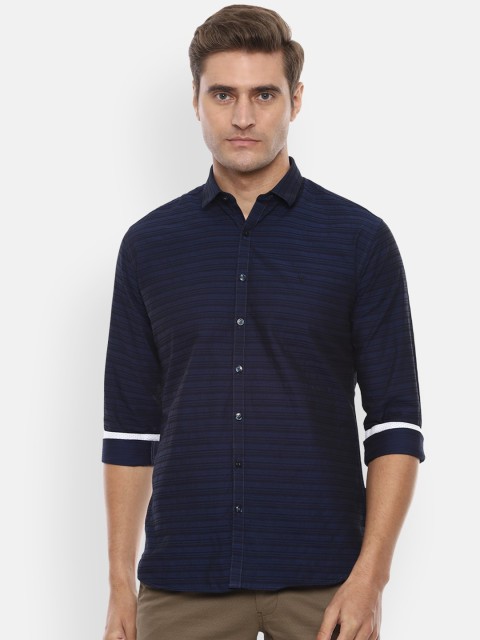 

V Dot Men Navy Blue Slim Fit Striped Casual Shirt