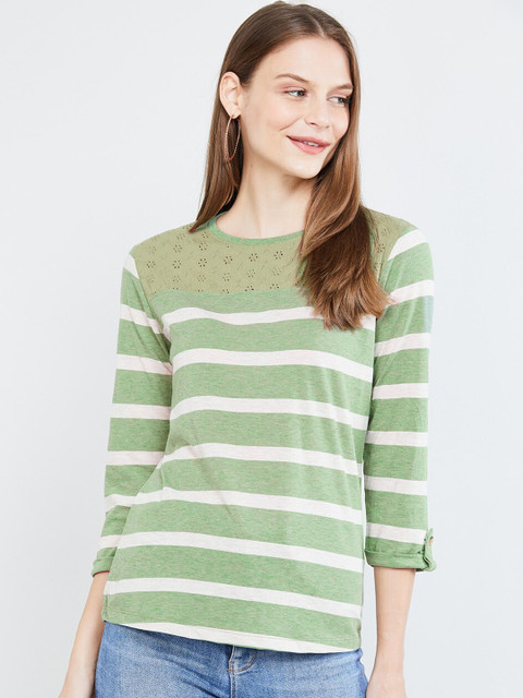 

max Women Green & White Striped Round Neck T-shirt
