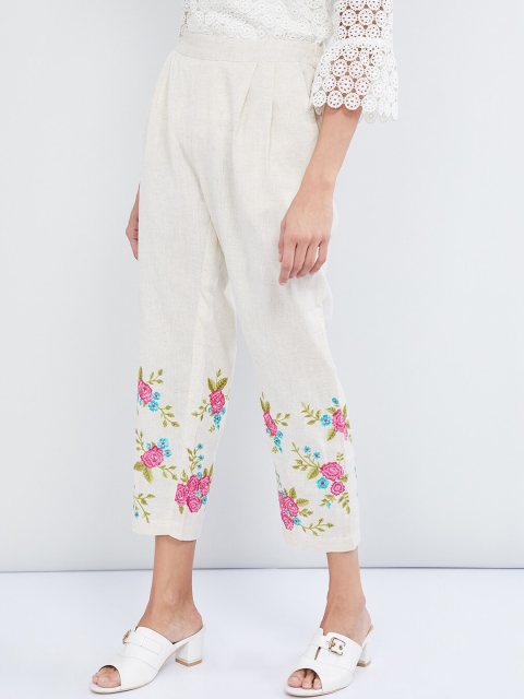 

max Women Off-White & Pink Regular Fit Embroidered Regular Trousers