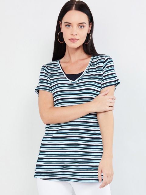 

max Women Navy Blue Striped V-Neck T-shirt