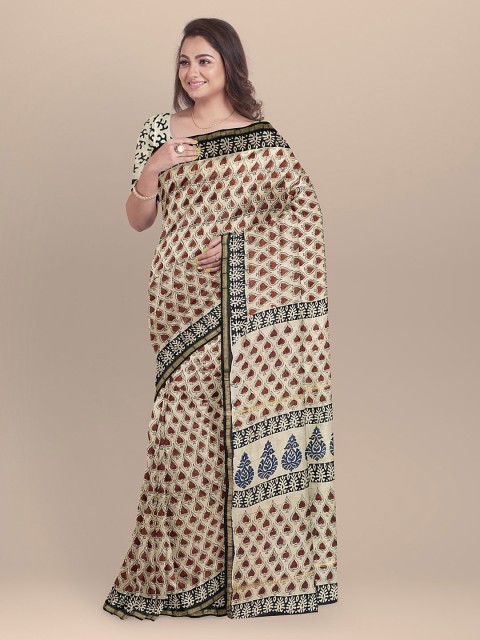 

BharatSthali Beige & Blue Silk Cotton Printed Chanderi Sustainable Saree