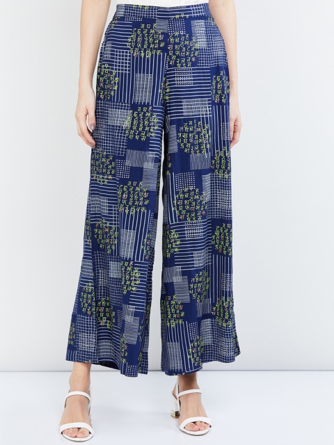 

max Women Navy Blue & Green Printed Straight Palazzos