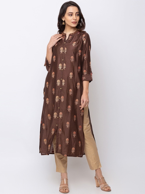

Ethnicity Women Brown & Red Floral Embroidered Straight Kurta