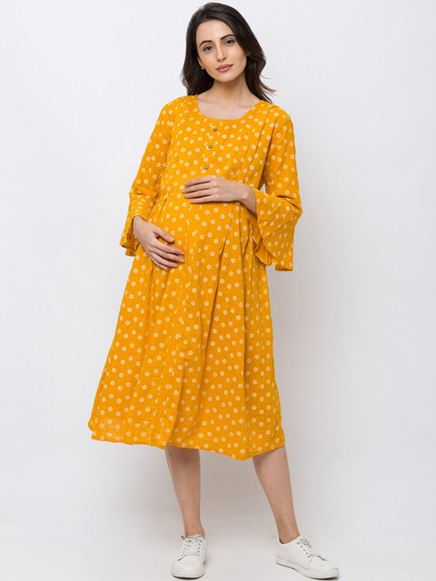 

MomToBe Women Yellow Printed Fit and Flare Maternity Dress