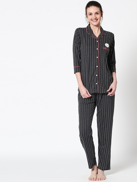 

Zeyo Women Charcoal Grey & Red Striped Night Suit
