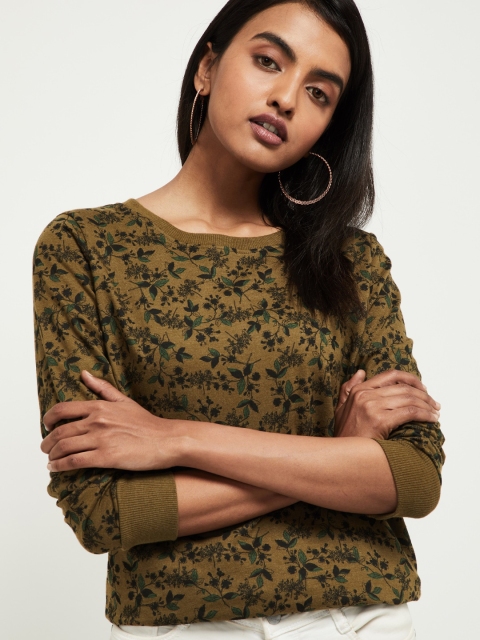 max Women Olive Green Printed Round Neck T-shirt