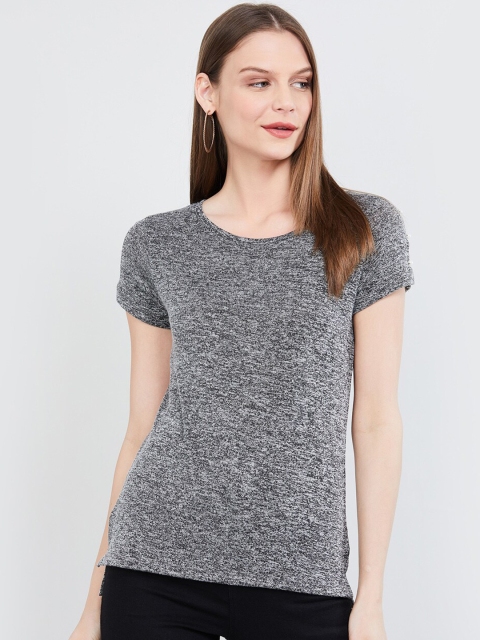 

max Women Charcoal Solid Round Neck T-shirt