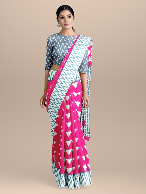 

BharatSthali Magenta & White Pure Cotton Printed Saree