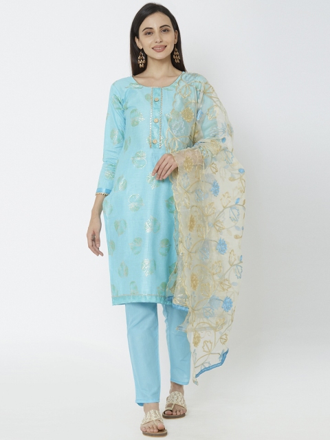 

Satrani Turquoise Blue & Gold Pure Cotton Unstitched Dress Material
