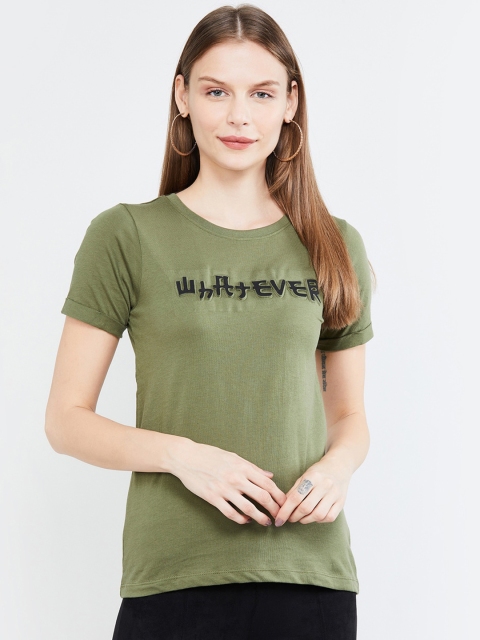 

max Women Olive Green Printed Round Neck T-shirt