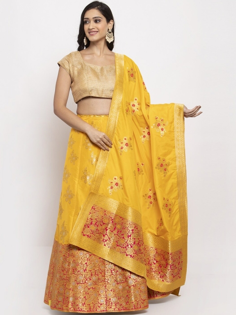 

PACHE Yellow & Gold-Toned Woven Design Semi-Stitched Lehenga & Unstitched Blouse with Dupatta