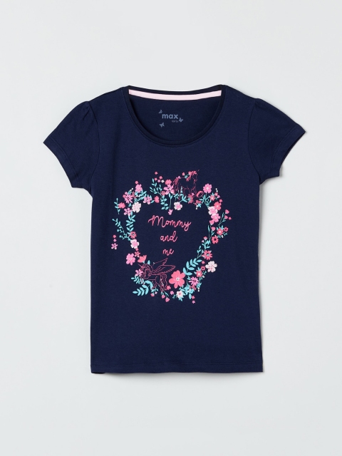 

max Girls Navy Blue Printed Round Neck Pure Cotton T-shirt