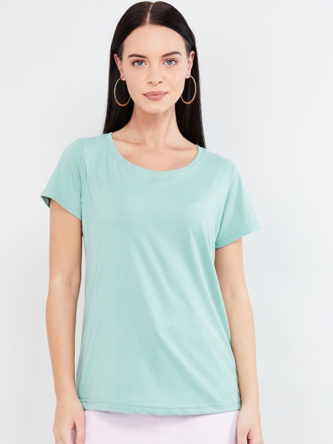 

max Women Sea Green Solid Round Neck T-shirt