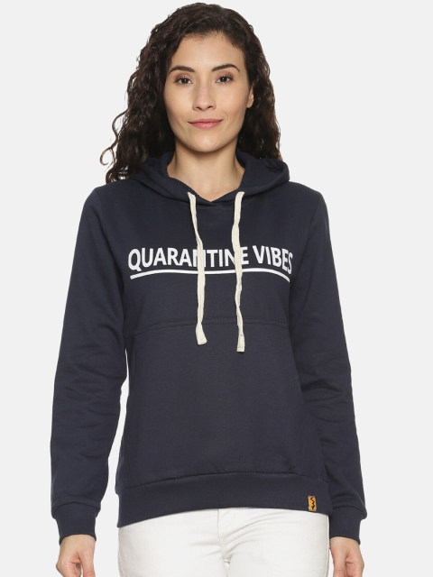 Campus Sutra Women Blue Printed Hooded Sweatshirt
