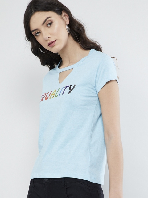 

max Women Blue Solid Round Neck T-shirt