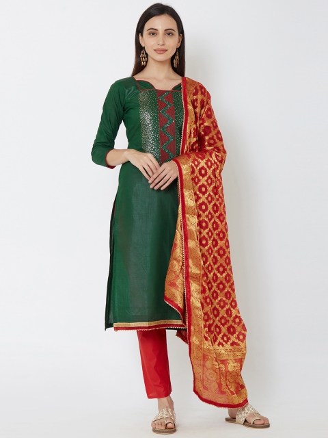 

Satrani Green & Red Pure Cotton Unstitched Dress Material