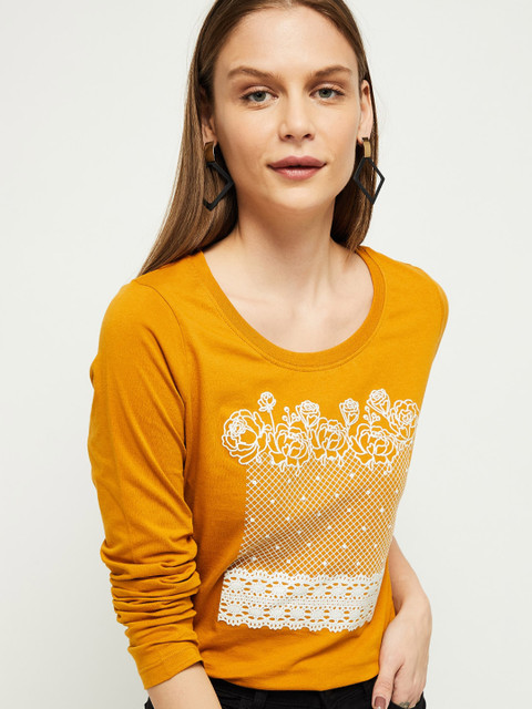 

max Women Mustard Yellow & White Floral Printed T-shirt