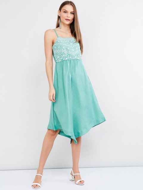 

max Women Turquoise Blue & White Embroidered Fit and Flare Dress